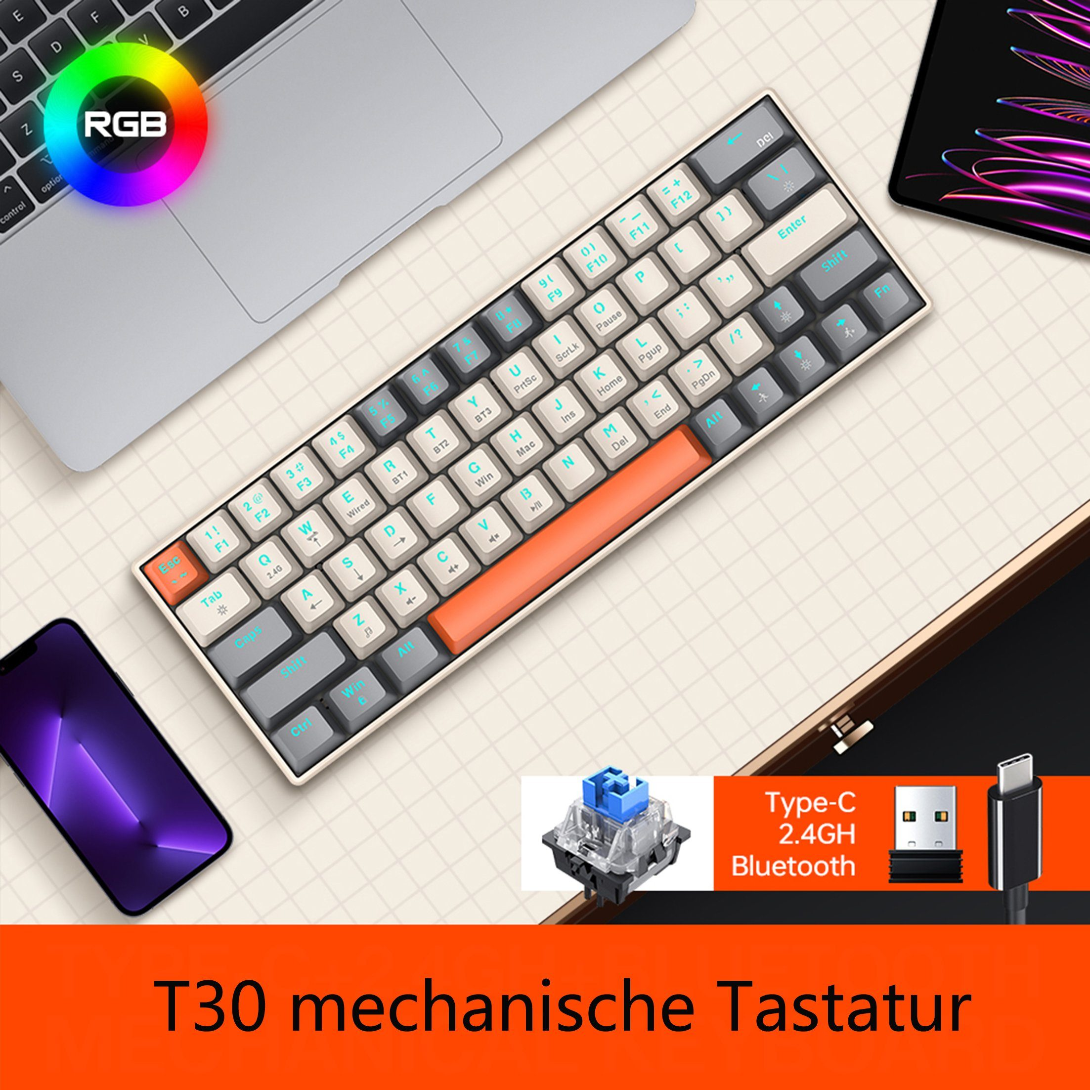 Eine weiße und orangefarbene mechanische Tastatur liegt auf einem Schreibtisch. Weitere Gegenstände sind ein Laptop, ein Telefon und ein Tablet.