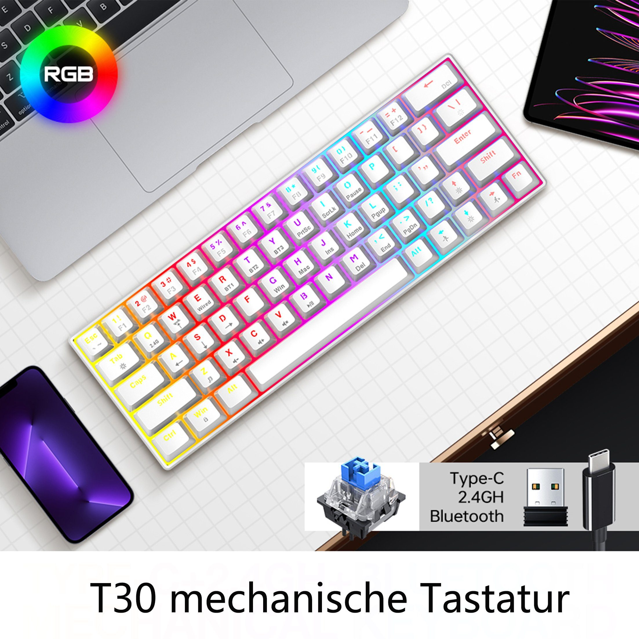 Eine weiße und farbenfrohe Tastatur mit Laptop, Telefon und Tablet in der Nähe. Es hat RGB-Beleuchtung und einen blauen mechanischen Schalter.