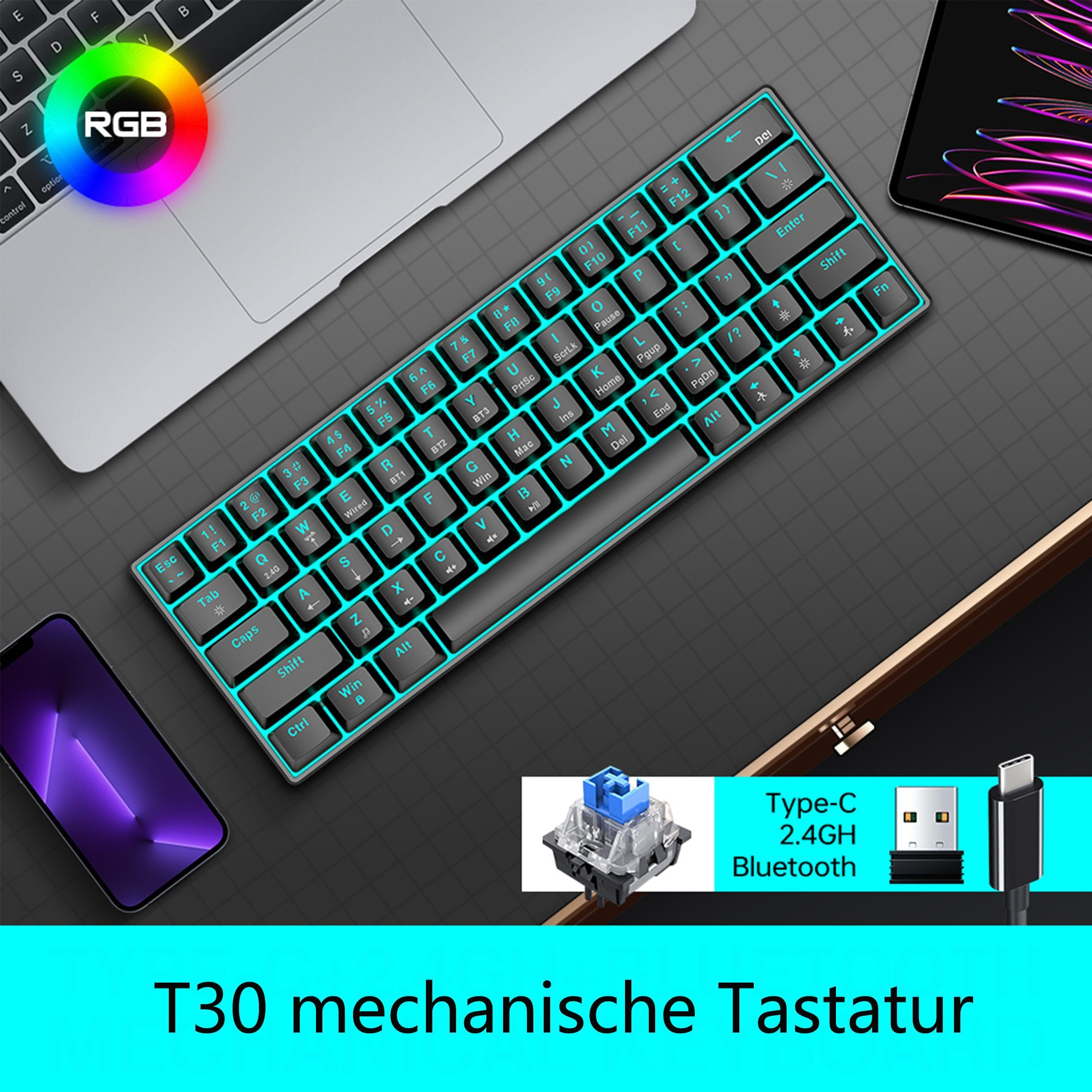 Eine kompakte Tastatur mit blauer Beleuchtung, ein Laptop, ein Telefon und ein Tablet liegen auf einem Tisch. Die Tastatur ist schwarz.