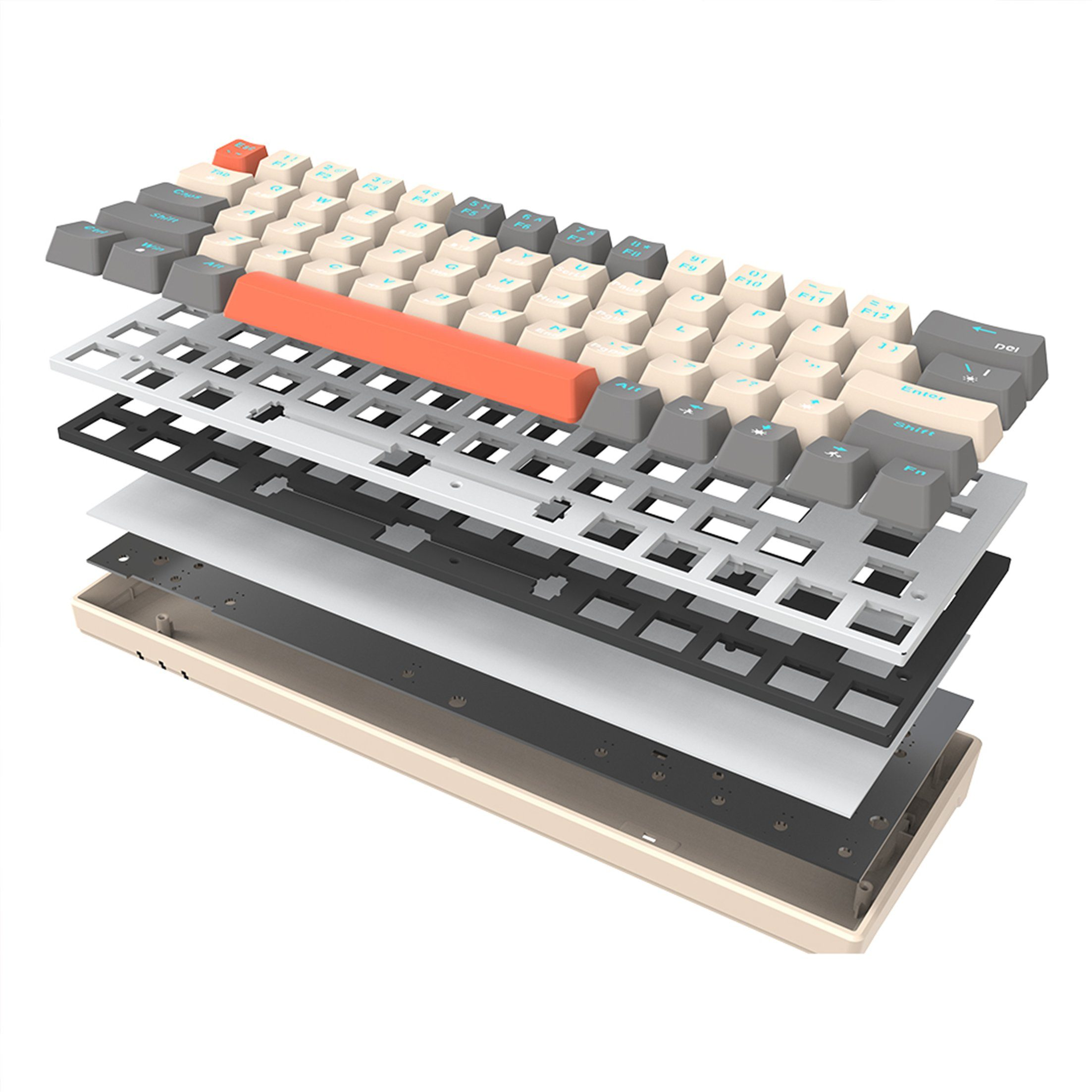 Explosionsansicht einer mechanischen Tastatur, die Schichten von Komponenten zeigt: Tasten, Platten und die Basis.