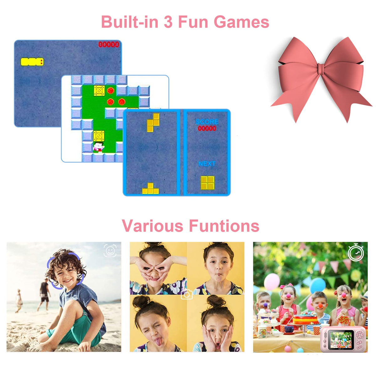 Das Bild zeigt eingebaute Spiele, eine Schleife und Kinder mit einer Kamera. Zu den Spielen gehören Snake und Tetris. Kinder spielen und fotografieren.