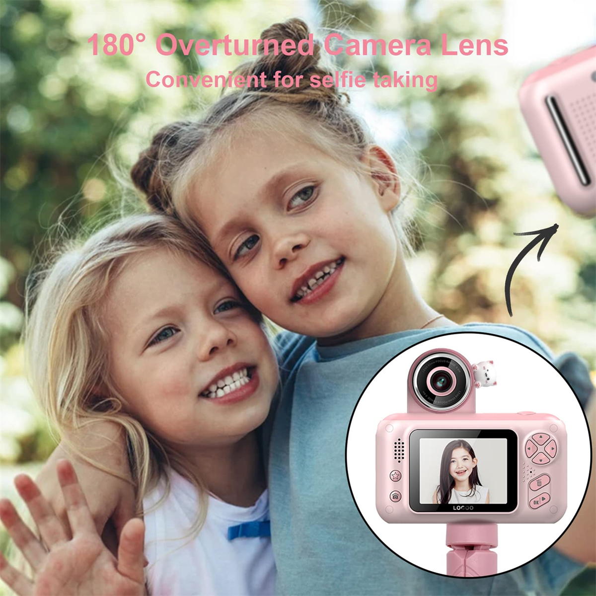 Zwei lächelnde Mädchen umarmen sich. Eine rosa Kamera mit Selfie-Bildschirm wird gezeigt, und der Text besagt, dass sie zum Aufnehmen von Selfies geeignet ist.