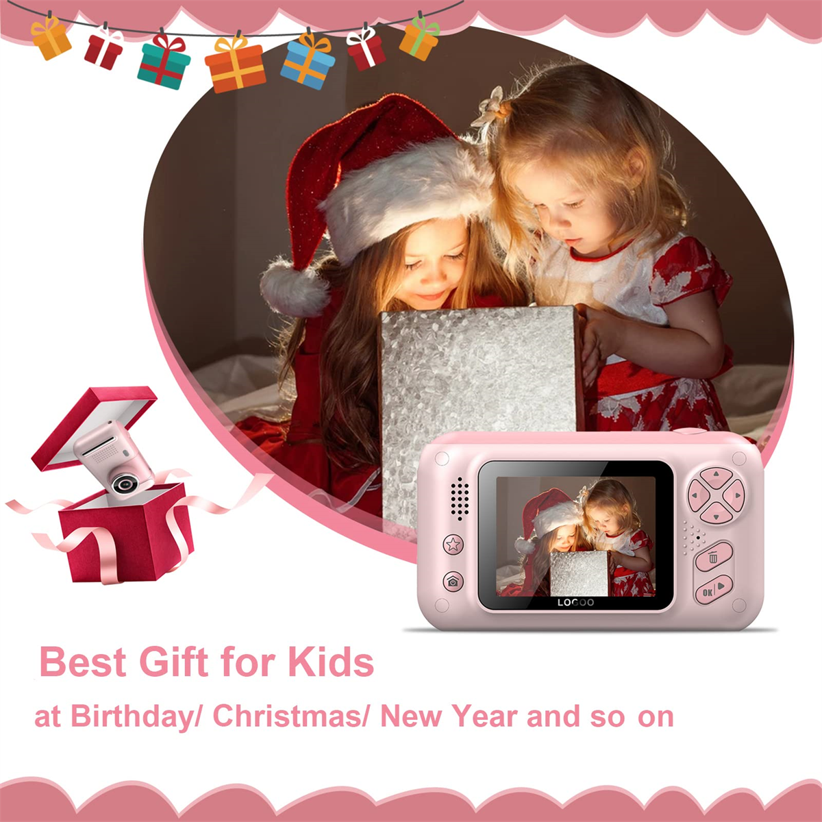 Zwei Mädchen öffnen ein Geschenk, eines trägt einen Weihnachtsmannhut. Eine rosa Kamera zeigt die Szene. Geschenke hängen oben. Text: Bestes Geschenk für Kinder.
