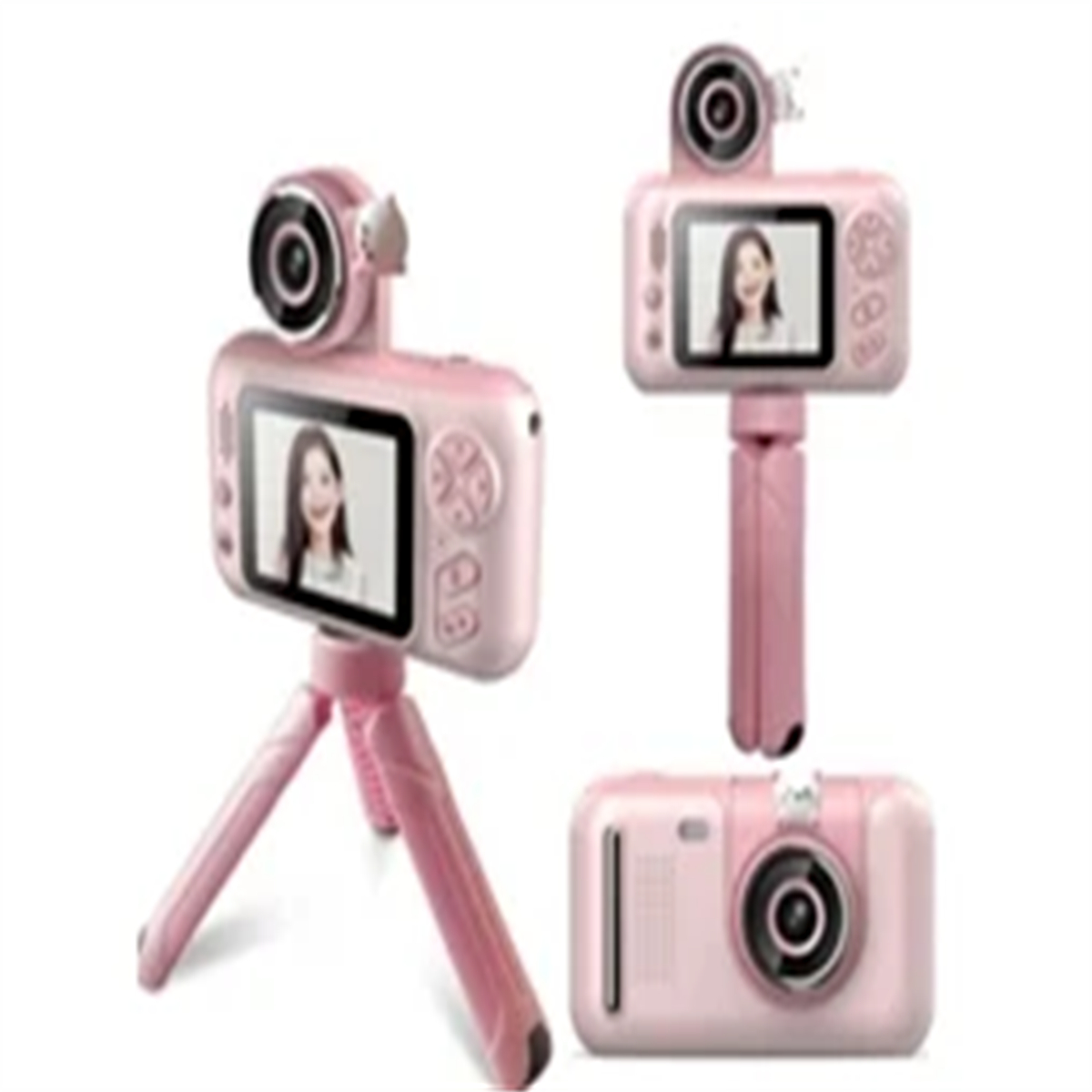 Drei rosa Digitalkameras werden gezeigt, eine auf einem Stativ, eine auf einem Selfie-Stick und eine liegend. Jede zeigt eine Frau auf dem Bildschirm.