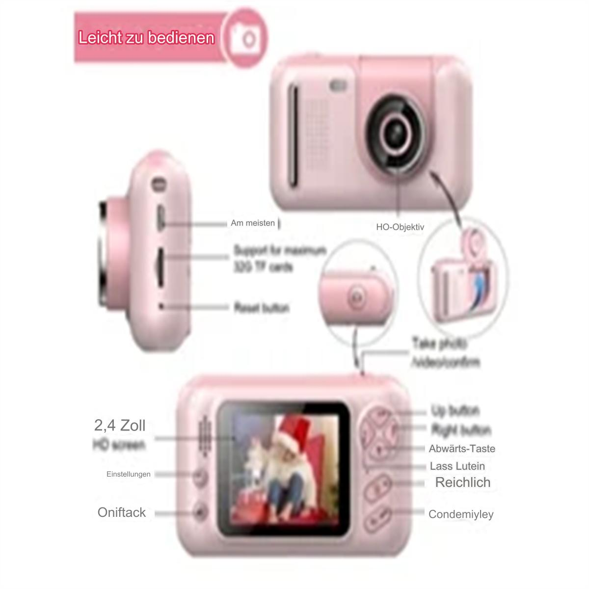 Eine rosa Digitalkamera wird aus verschiedenen Blickwinkeln gezeigt. Sie hat Knöpfe, einen Bildschirm und deutsche Beschriftungen.