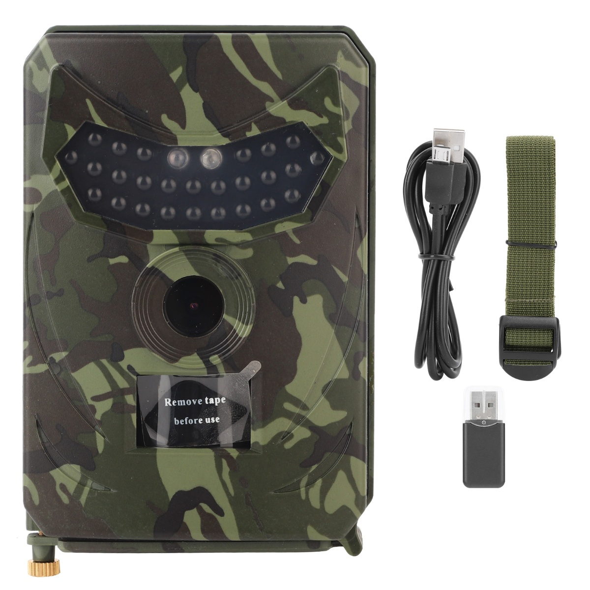 Eine Tarn-Wildkamera mit Zubehör: USB-Kabel, Gurt und USB-Adapter. Die Kamera hat ein Objektiv und LEDs.