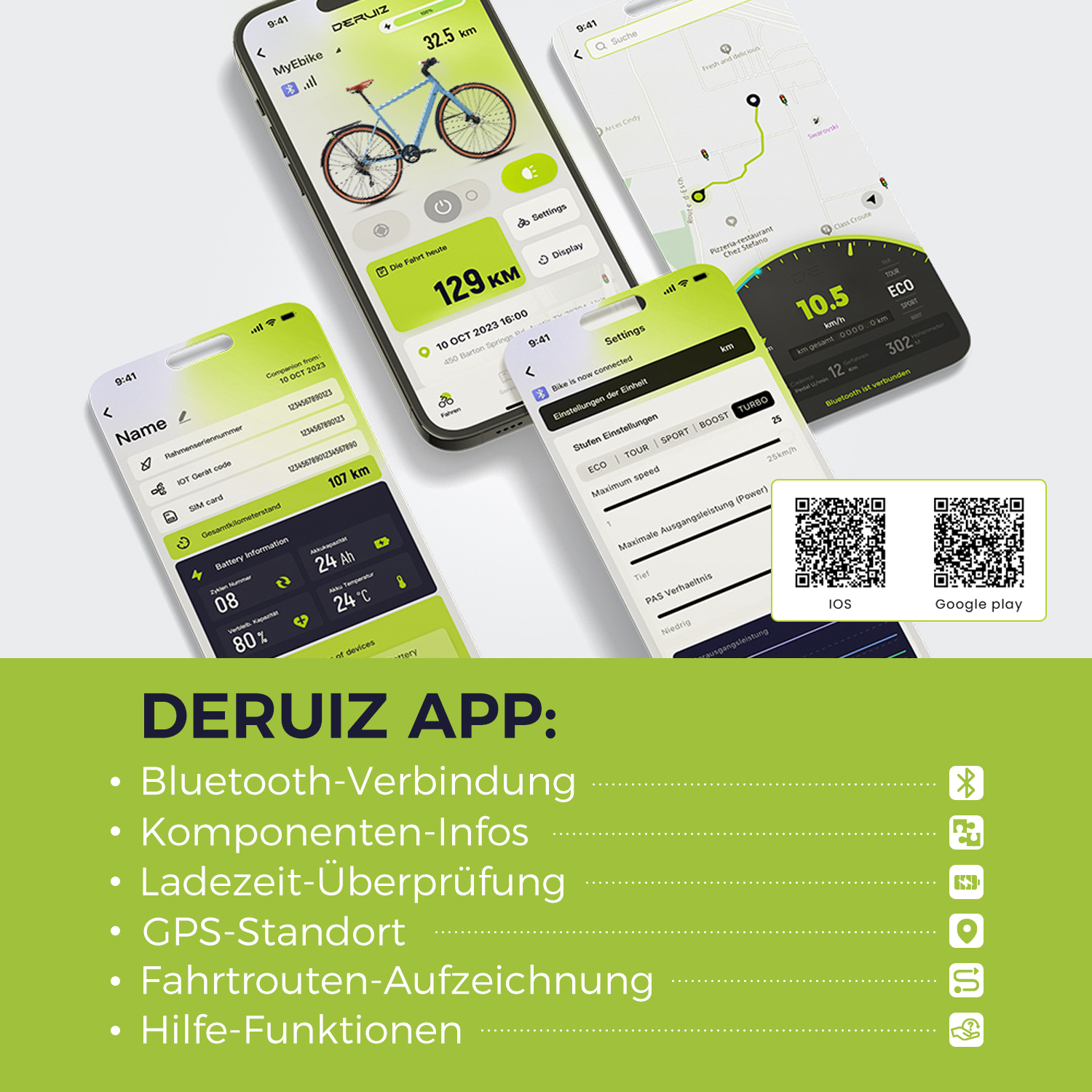 Bildschirme zeigen eine Fahrrad-App mit verschiedenen Daten, darunter Geschwindigkeit, Akku und Karte mit Navigation.