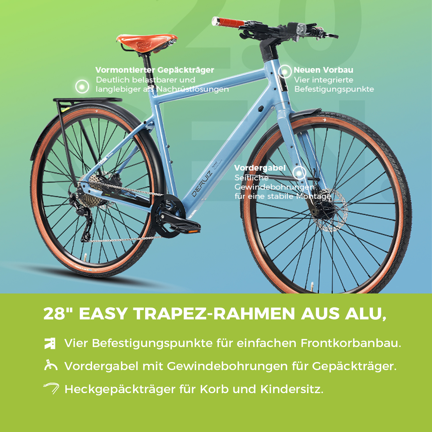 Ein hellblaues Fahrrad mit braunen Reifen, einem braunen Sattel und roten Lenkergriffen. Text hebt Merkmale hervor.