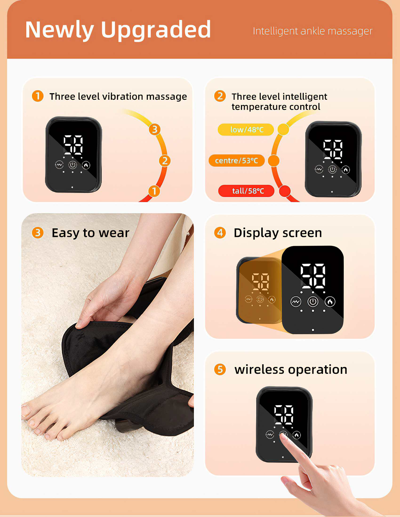 Das Bild zeigt ein Fußknöchelmassagegerät mit Funktionen wie Vibrationsmassage, Temperaturregelung und Display.