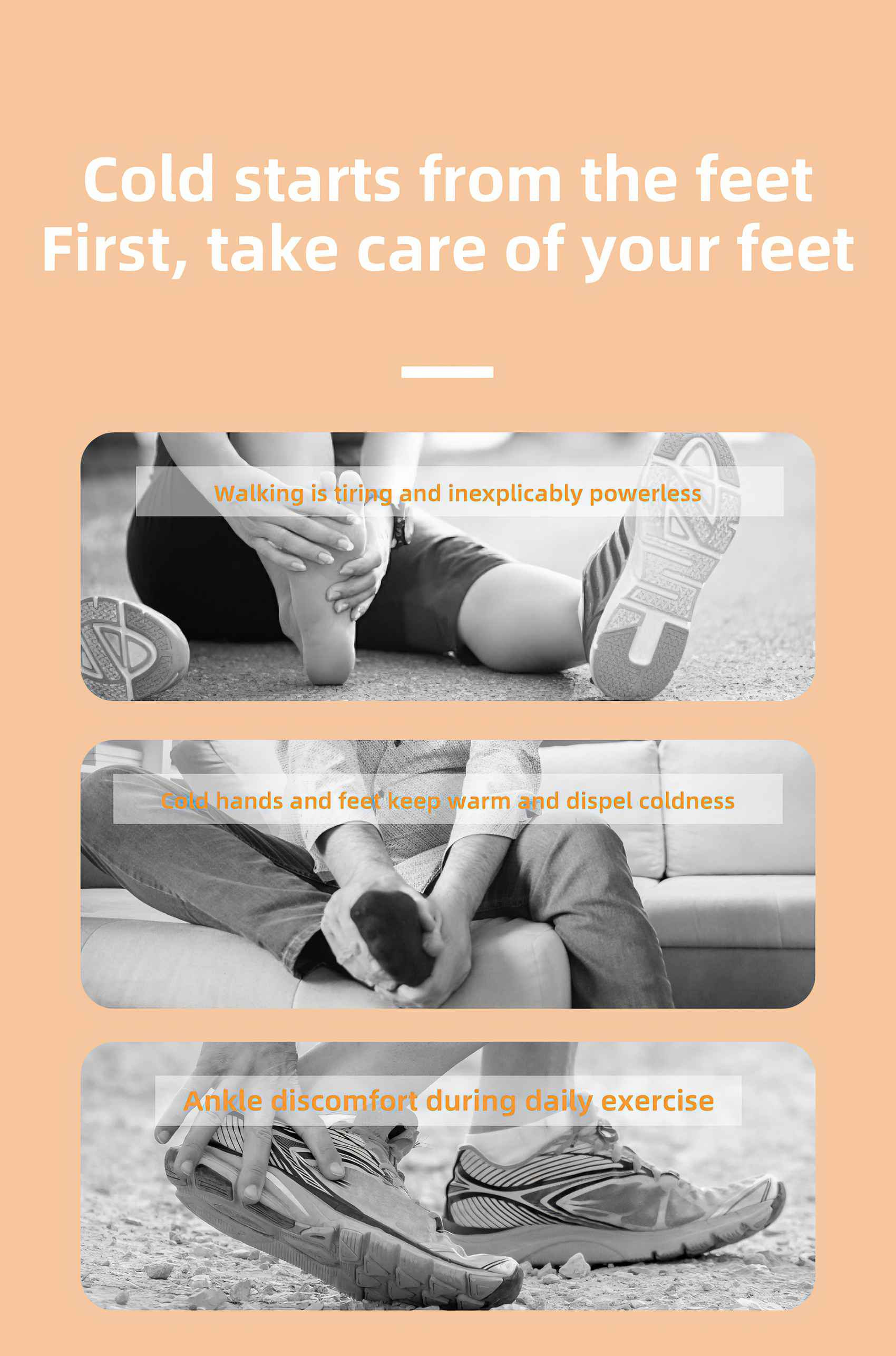 Das Bild zeigt Füße. Der Text sagt, Kälte beginnt an den Füßen. Es zeigt Hände, Füße und Schuhe. Es ist eine Gesundheitswerbung.