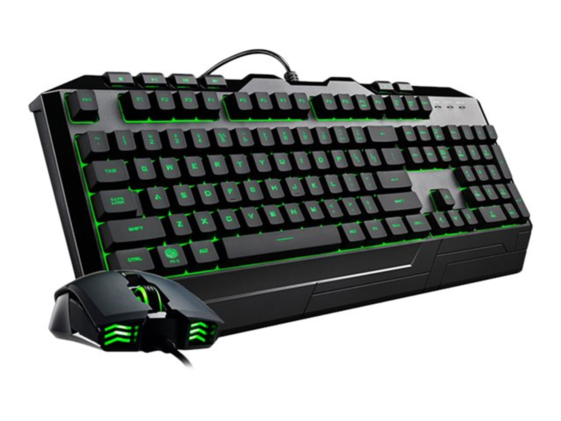 Schwarzes Gaming-Tastatur- und Maus-Set mit grüner Hintergrundbeleuchtung. Die Tastatur hat viele Tasten. Die Maus hat Lichter.