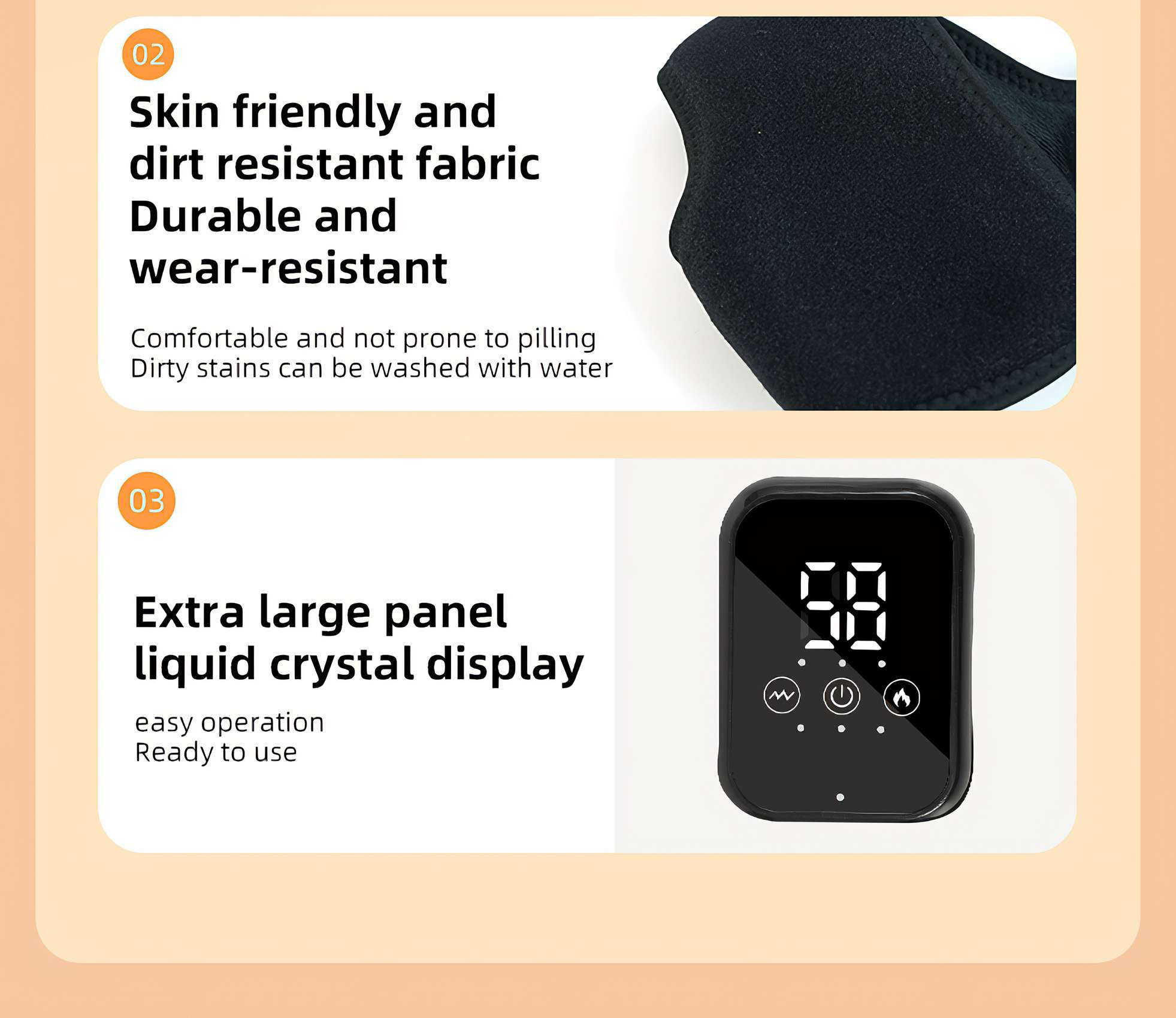 Das Bild zeigt einen schwarzen Stoff und ein schwarzes digitales Display mit drei Symbolen und Zahlen. Text beschreibt die Produktmerkmale.