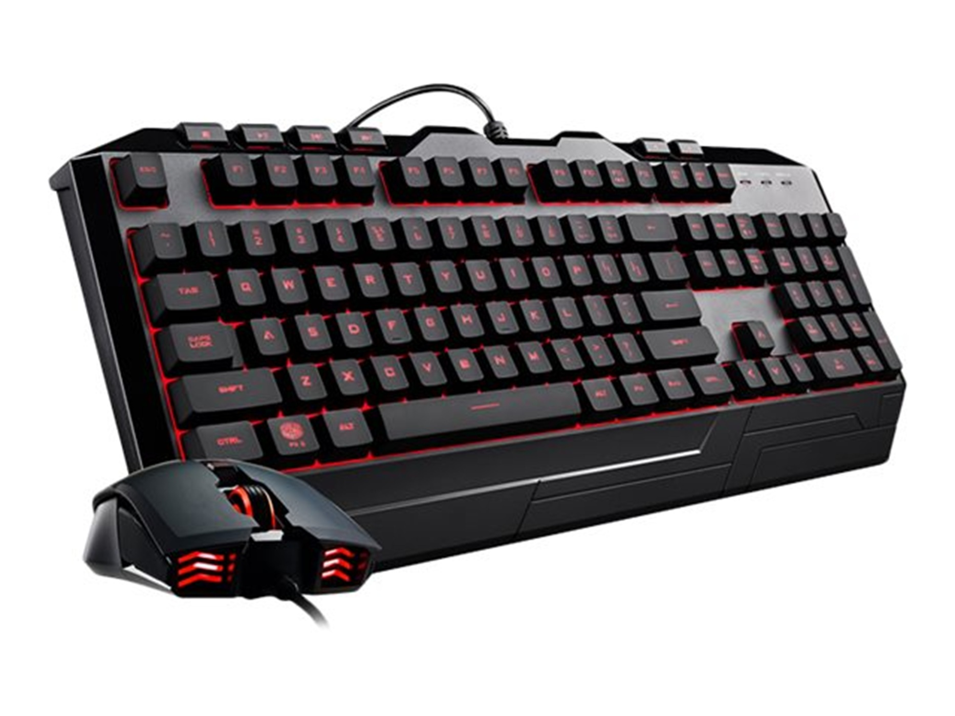 Eine schwarze Gaming-Tastatur und -Maus auf weißem Hintergrund. Die Tastatur hat rot hinterleuchtete Tasten. Die Maus hat rote Lichter.