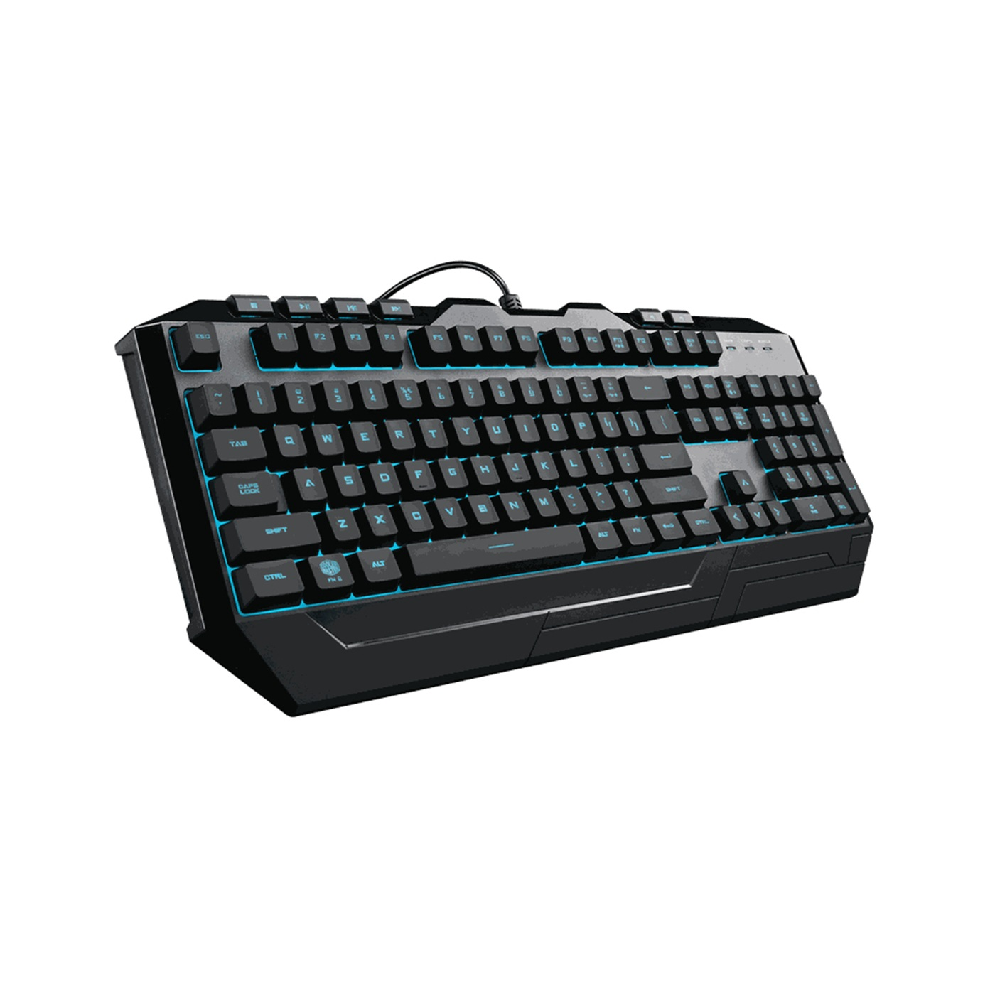 Eine schwarze Gaming-Tastatur mit blauer Hintergrundbeleuchtung wird gezeigt. Sie hat verschiedene Tasten wie Buchstaben, Zahlen und Funktionstasten.