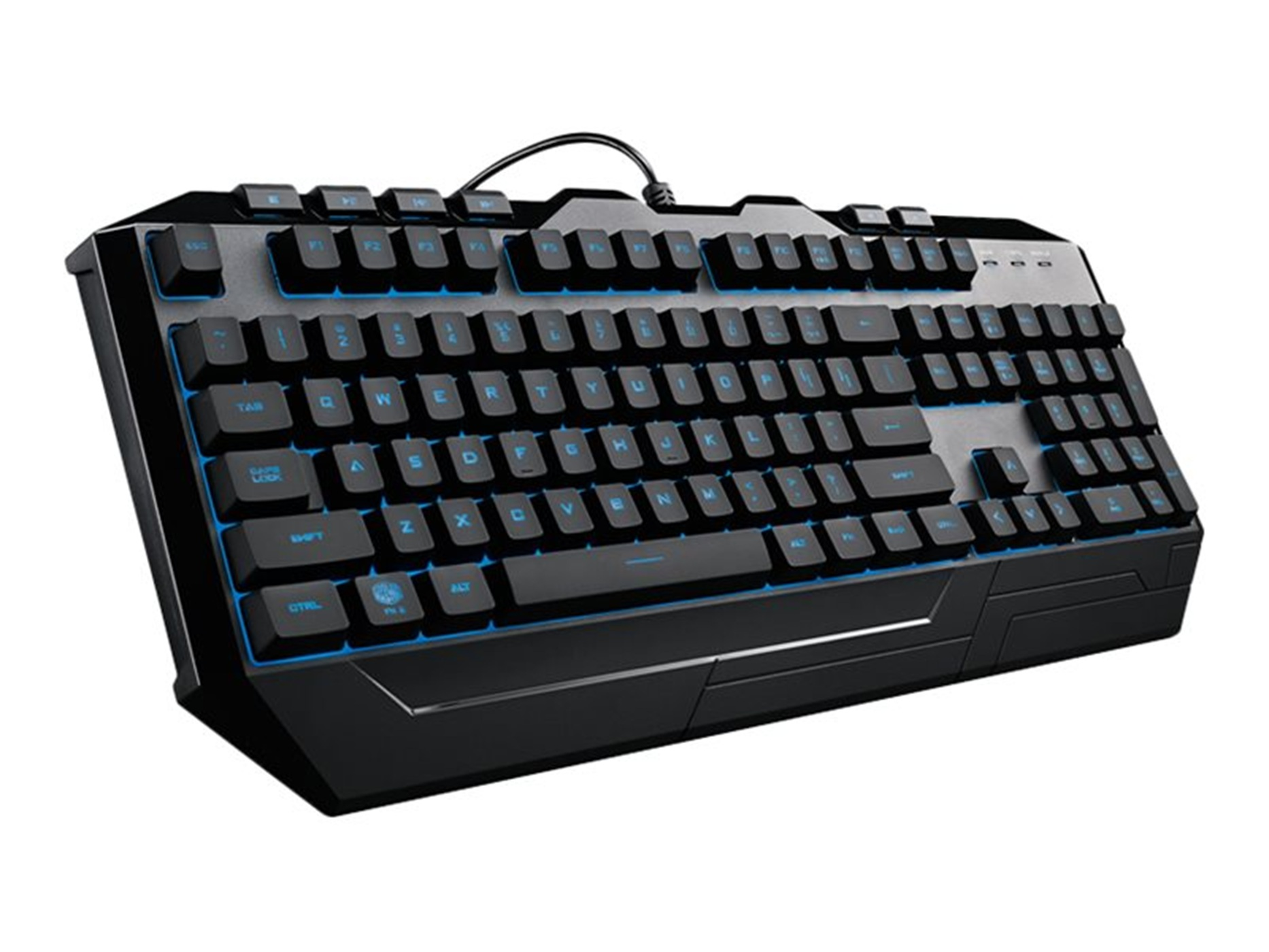 Eine schwarze Gaming-Tastatur mit blau beleuchteten Tasten ist abgebildet. Die Tasten sind mit Buchstaben, Zahlen und Symbolen beschriftet.