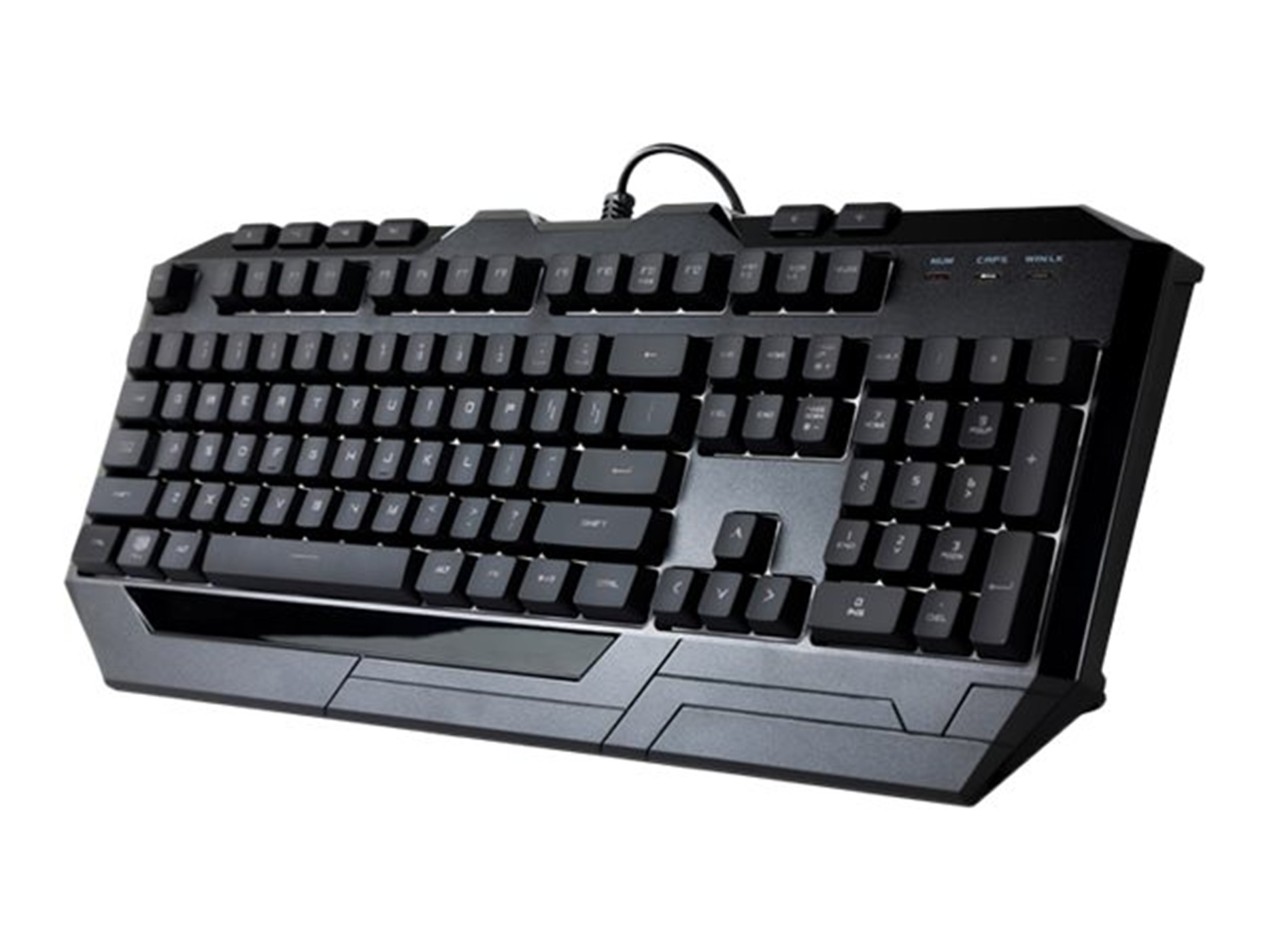 Eine schwarze Computertastatur mit vielen Tasten. Sie hat einen Kabelanschluss. Tasten sind mit Buchstaben und Symbolen beschriftet.