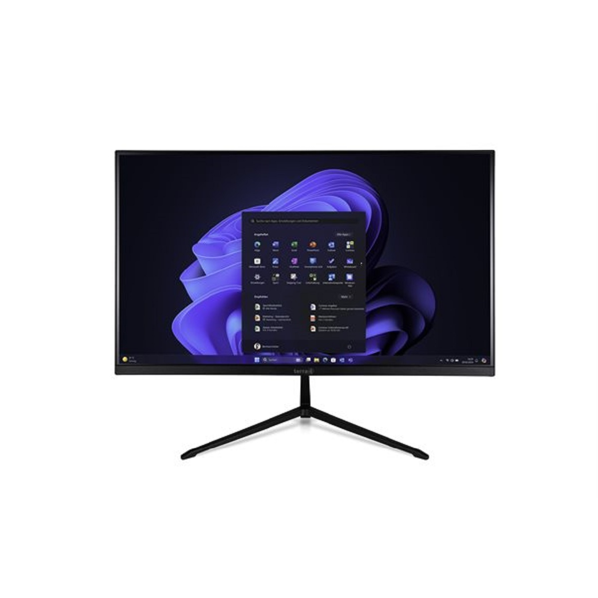 Un monitor per computer con schermo scuro che mostra uno sfondo astratto viola. Il monitor è su un supporto nero.
