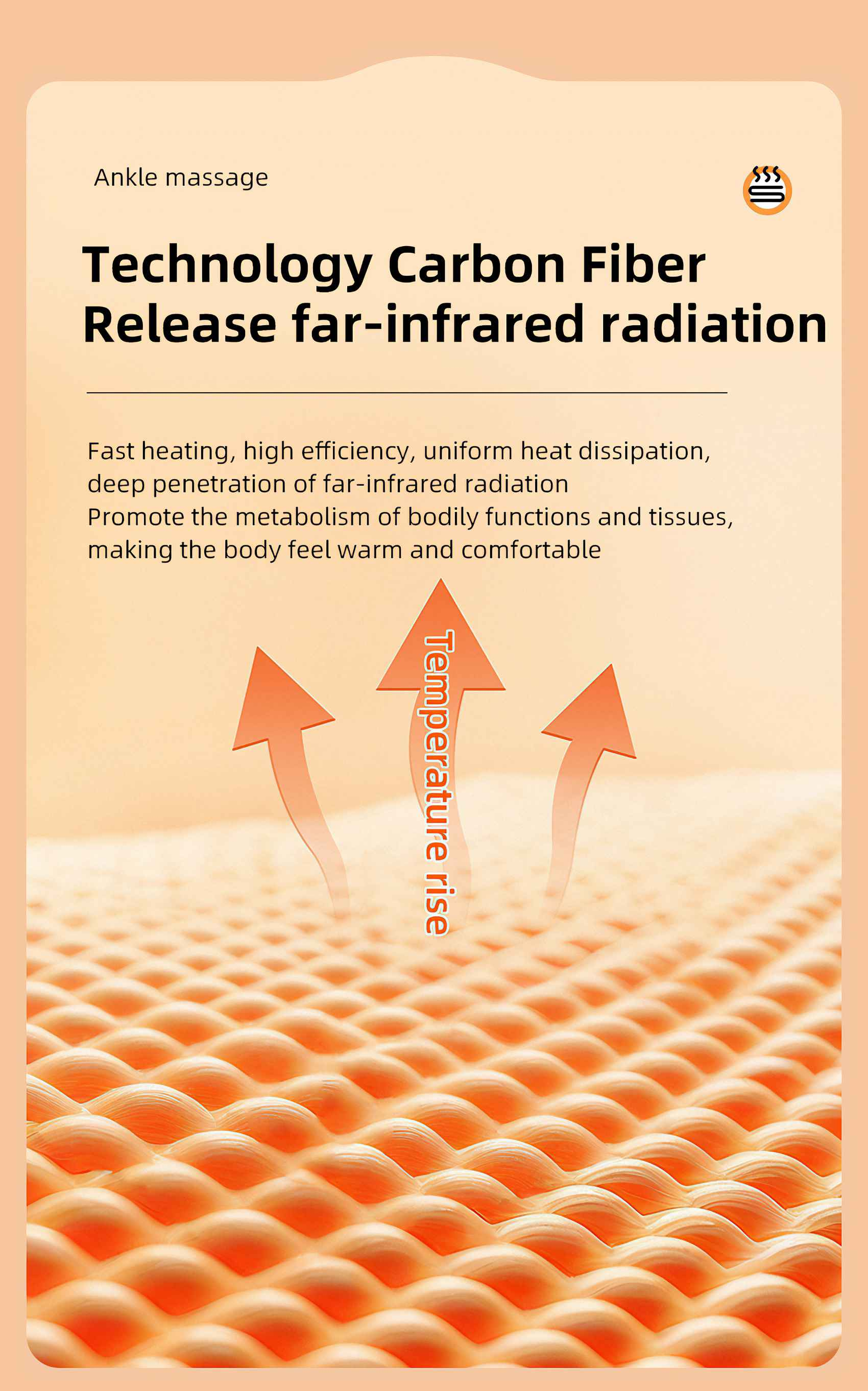 Werbung für einen Knöchelmassagegerät aus Kohlefaser. Orangefarbene Pfeile steigen aus einer orangefarbenen Textur auf.