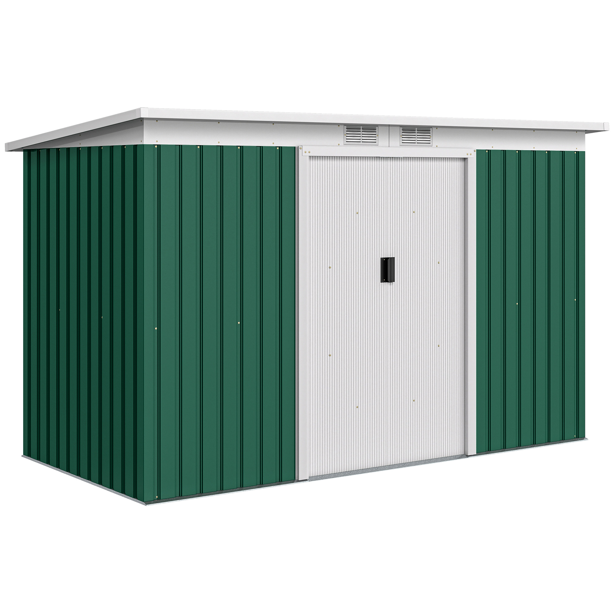 Un capannone in metallo verde e bianco con tetto bianco. La porta è bianca e i lati sono verdi.