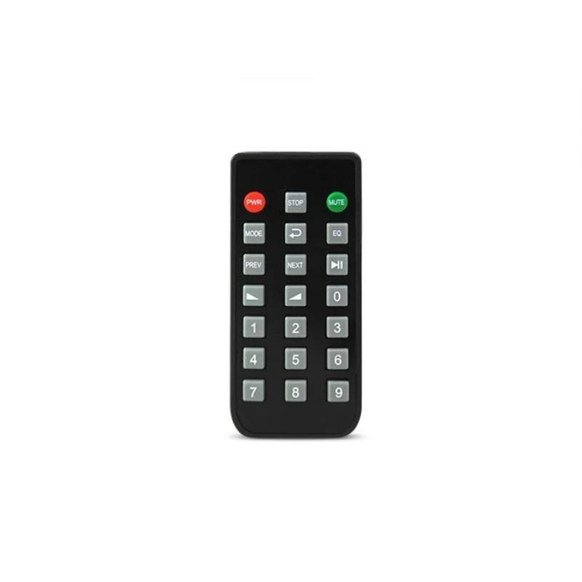 Un telecomando nero con pulsanti PWR, STOP, MUTE, MODE, PREV, NEXT, EQ, numeri 0-9 e altri pulsanti funzione.