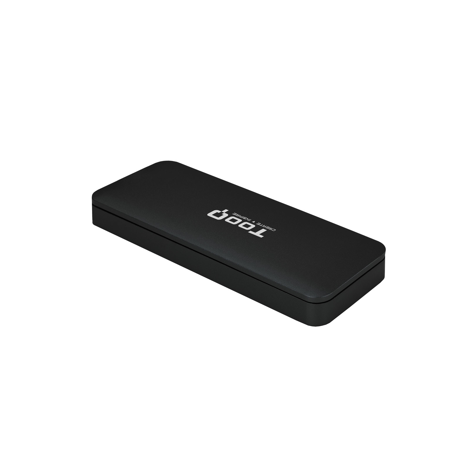 Una caja rectangular negra con un logotipo que dice "tooq create inspire" sobre un fondo blanco.