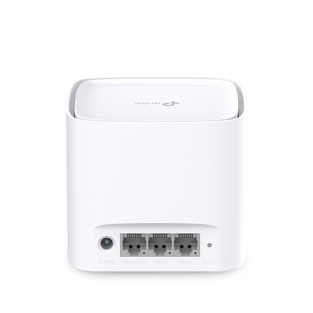 Un router TP-Link bianco con porte etichettate WAN/LAN, LAN1, LAN2 e RESET. La parte superiore ha il logo TP-Link. Lo sfondo è bianco.