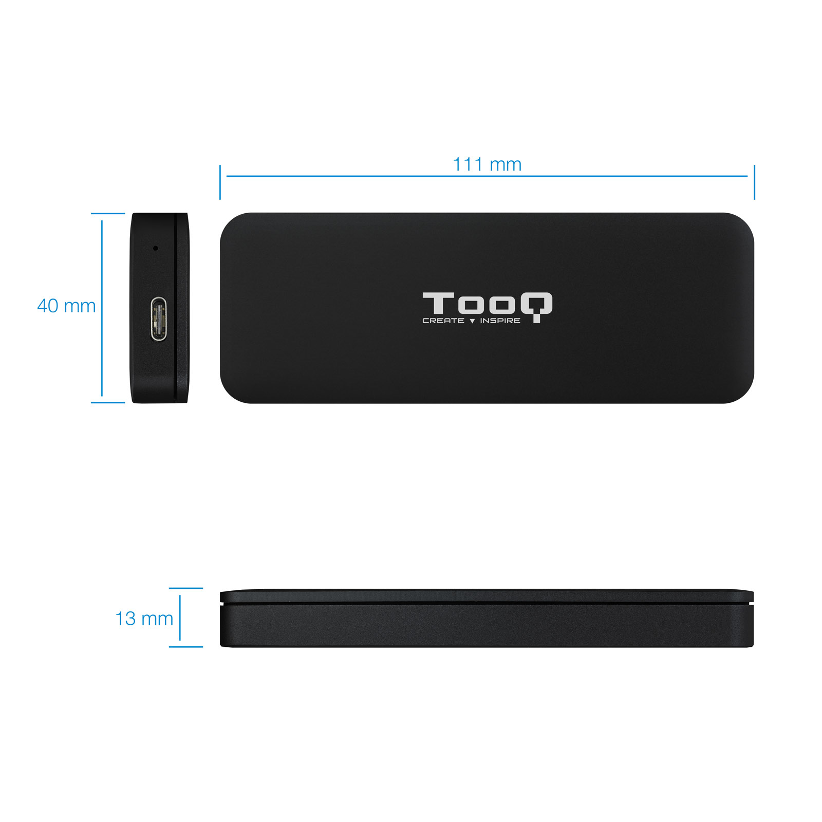 Dispositivo rectangular negro con medidas, logo 'TooQ' y vista lateral con puerto, todo sobre fondo blanco.