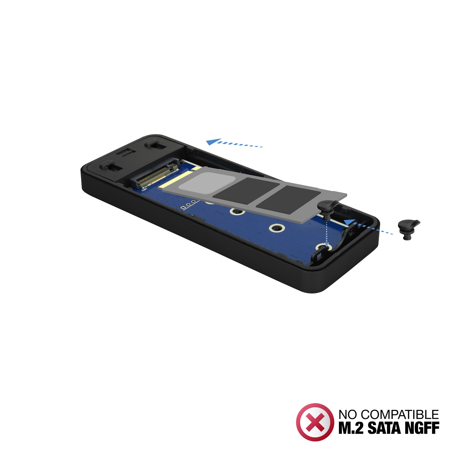 Dispositivo negro desmontado con placa de circuito, tornillos y etiqueta de advertencia de incompatibilidad.