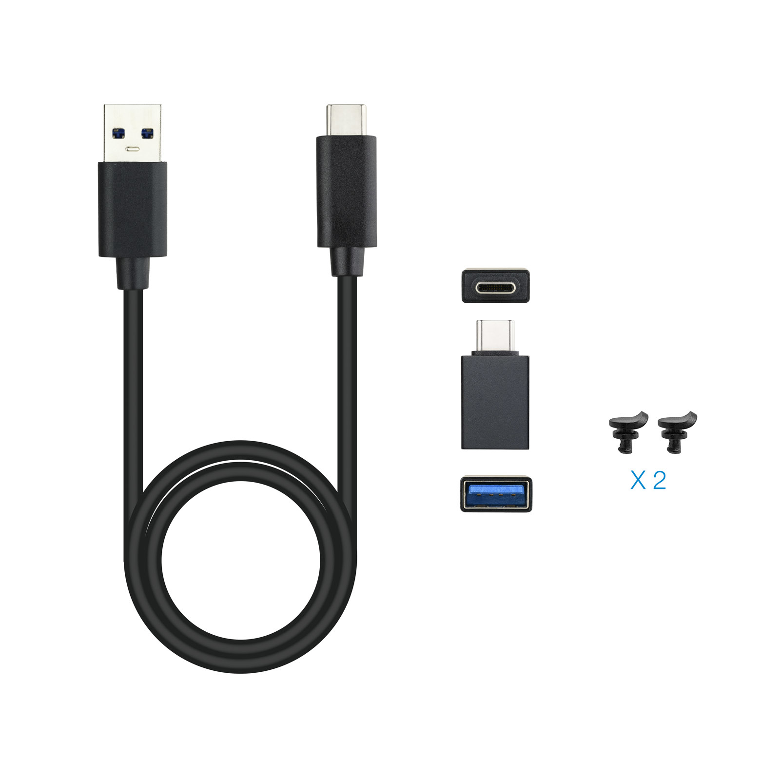 Un cable USB negro con dos conectores, USB-A y USB-C. También hay varios adaptadores y clips adicionales.