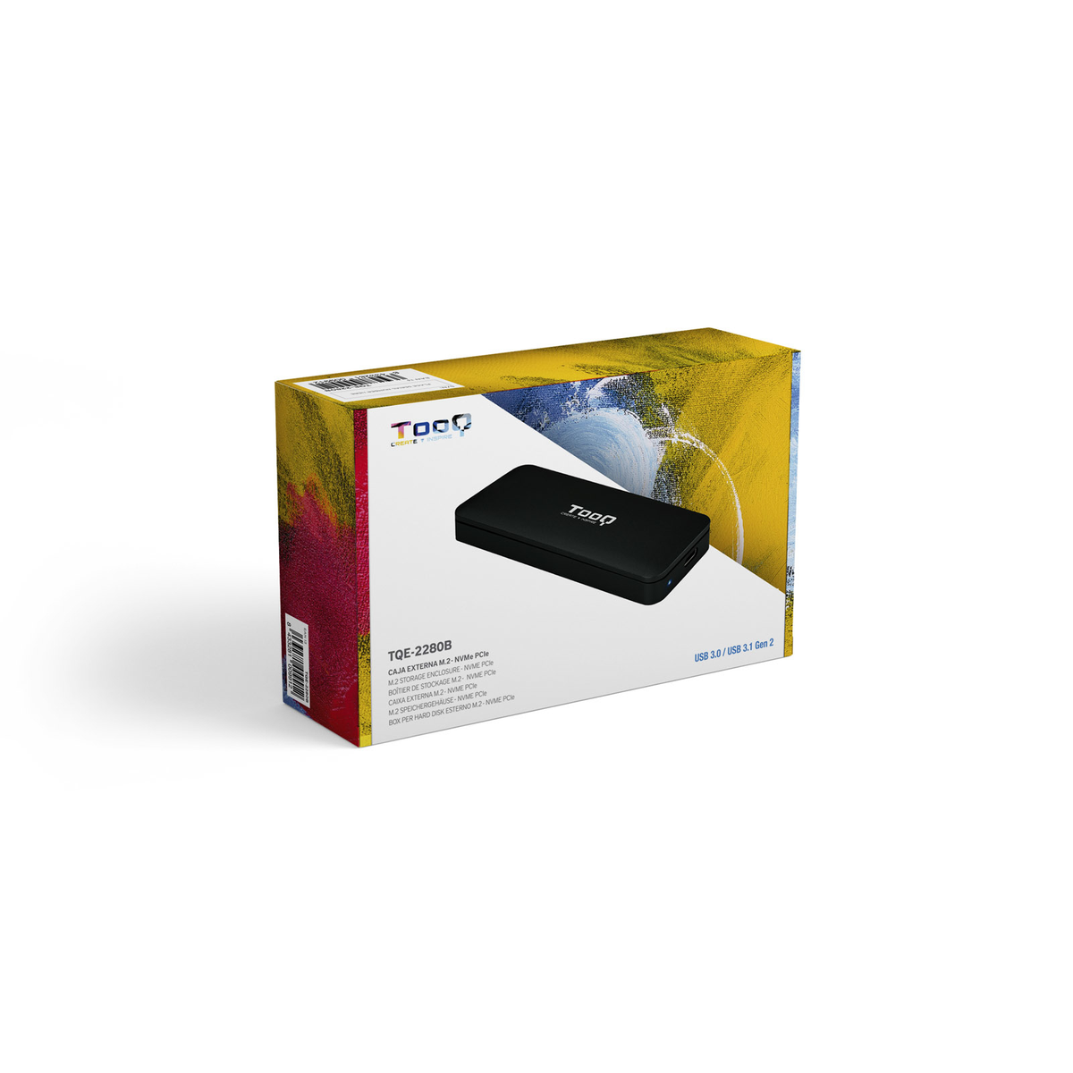 Una caja de producto muestra un disco duro externo negro. El texto incluye detalles del producto, logotipo de la marca y fondo abstracto colorido.