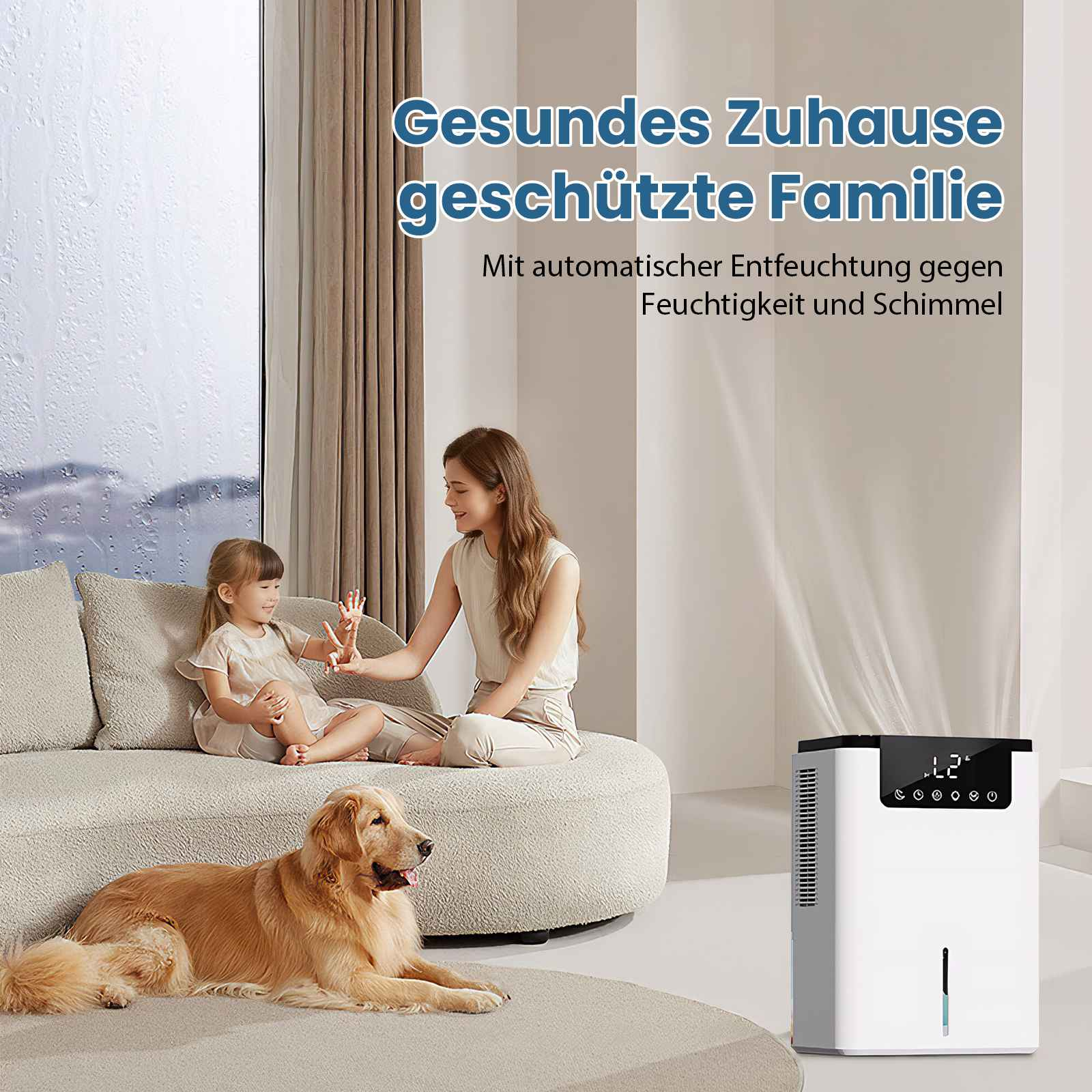 Eine Frau und ein Kind auf einem Sofa mit einem Hund. Ein Luftentfeuchter befindet sich rechts. Text auf Deutsch.