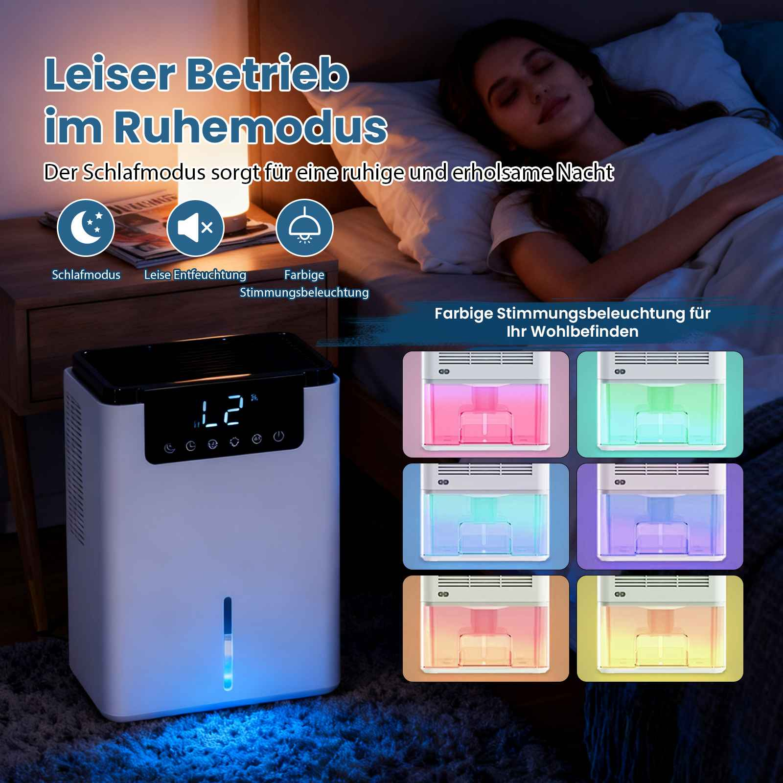 Eine Frau schläft im Bett. Ein Luftreiniger mit bunten Lichtern wird angezeigt. Text wirbt für leisen Betrieb und Stimmungsbeleuchtung.