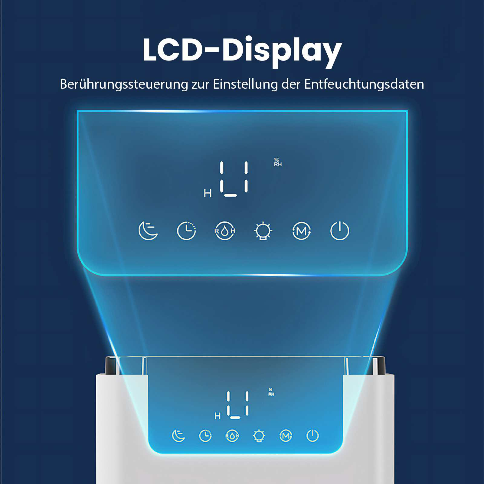 Ein LCD-Display zeigt Messwerte und Steuerungssymbole. Der Bildschirm befindet sich auf einem weißen Gerät mit blauem Hintergrund.