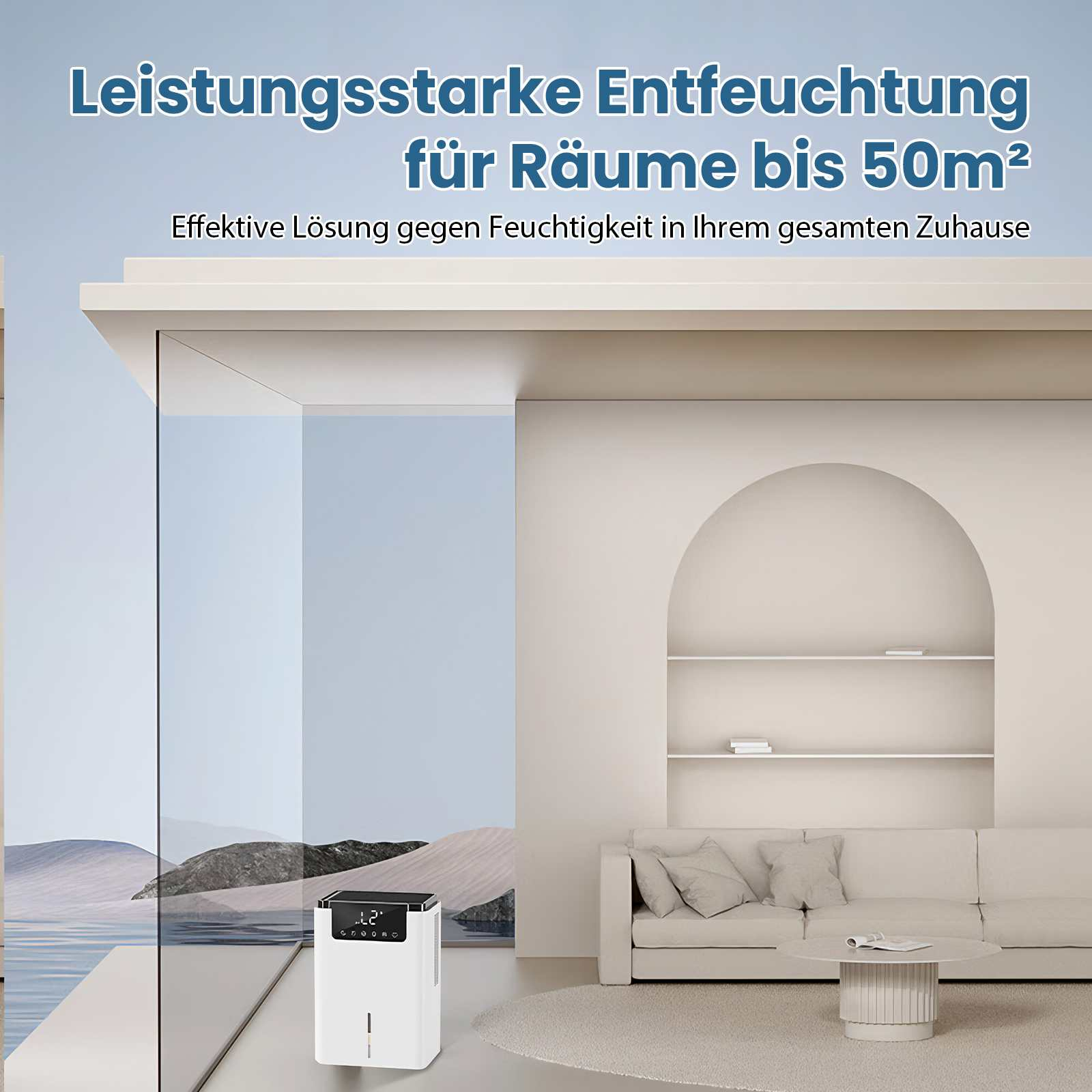 Luftentfeuchter in einem modernen Raum. Text: 'Leistungsstarke Entfeuchtung für Räume bis 50m²'.