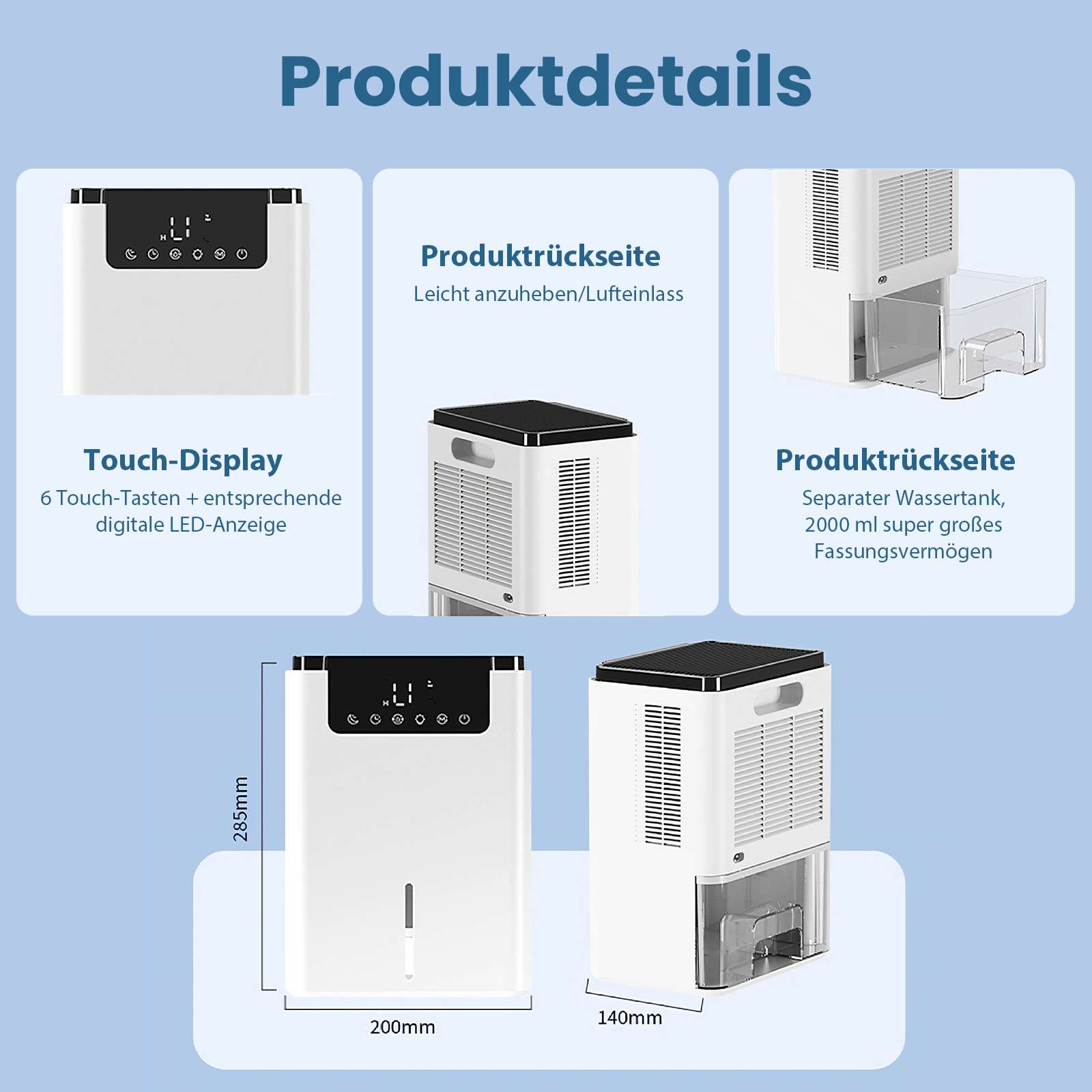 Produktdetails: Touch-Display, Rückseite mit Lufteinlass und Wassertank. Abmessungen werden gezeigt.