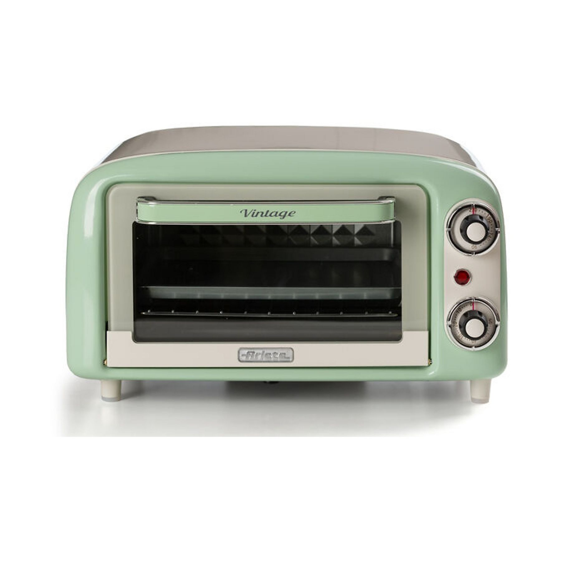 Miętowy piekarnik w stylu vintage z dwoma pokrętłami, uchwytem z napisem 'Vintage' i marką 'Ariete'.