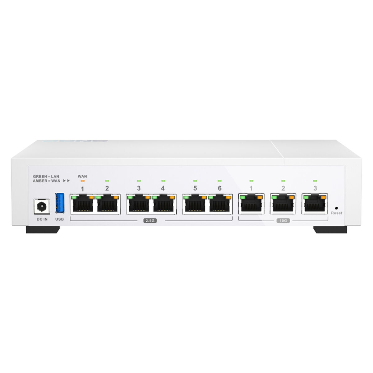 Dispositivo de red blanco con múltiples puertos y luces. Etiquetado DC IN, USB y Reset. Puertos numerados 1-6 y 1-3.