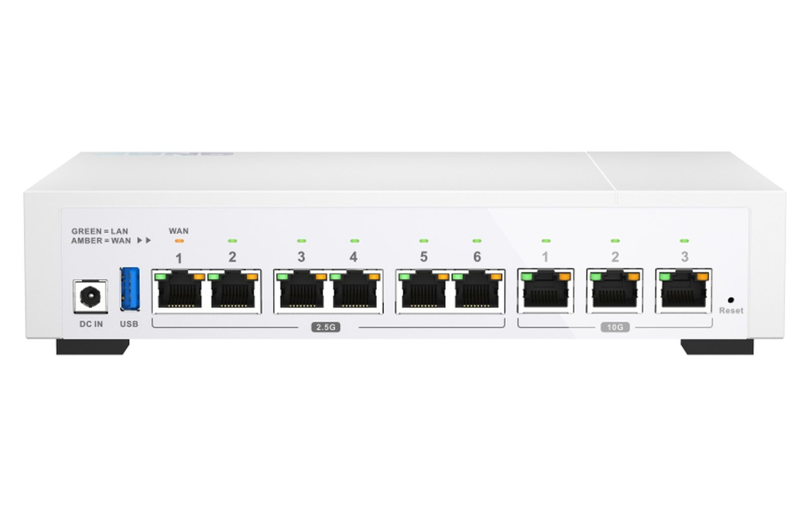 Un dispositivo de red blanco con múltiples puertos etiquetados 1-6 y 1-3. Tiene entrada de CC, USB y botón de reinicio. Luces verdes y ámbar.