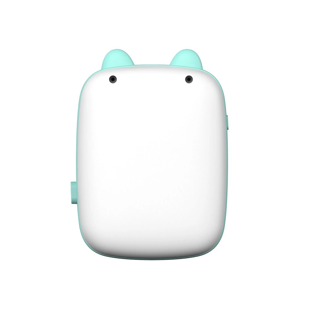 Ein weißes, abgerundetes Gerät mit mintgrünen Zierleisten und zwei kleinen schwarzen Kreisen. Es hat zwei mintgrüne, ohrenähnliche Vorsprünge.