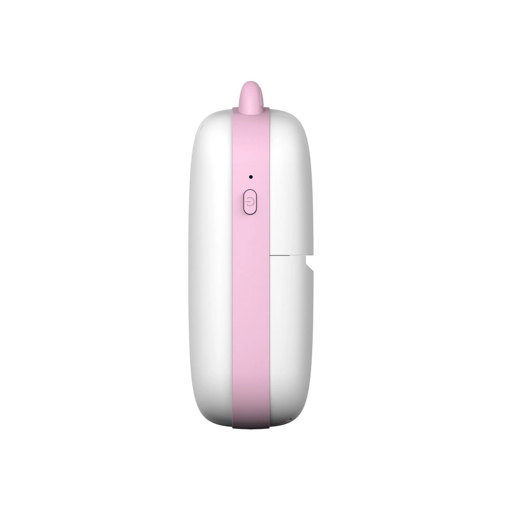 Ein weißer und rosa tragbarer Drucker. Er hat einen rosa Streifen an der Seite mit einem Ein- / Ausschalter.