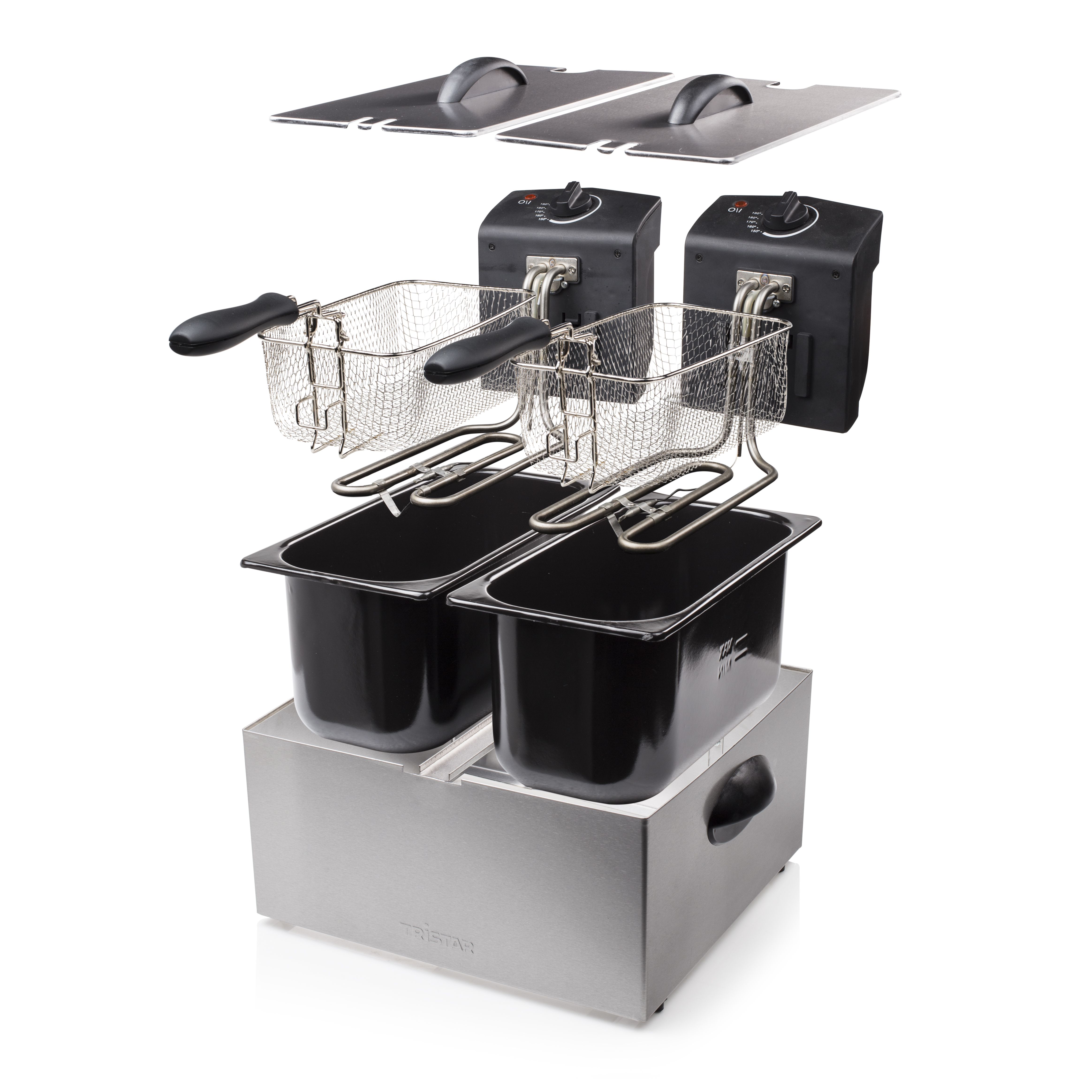Profesjonalna frytownica. Posiada dwa kosze, dwa pojemniki na olej, dwie pokrywy i podstawę ze stali nierdzewnej.