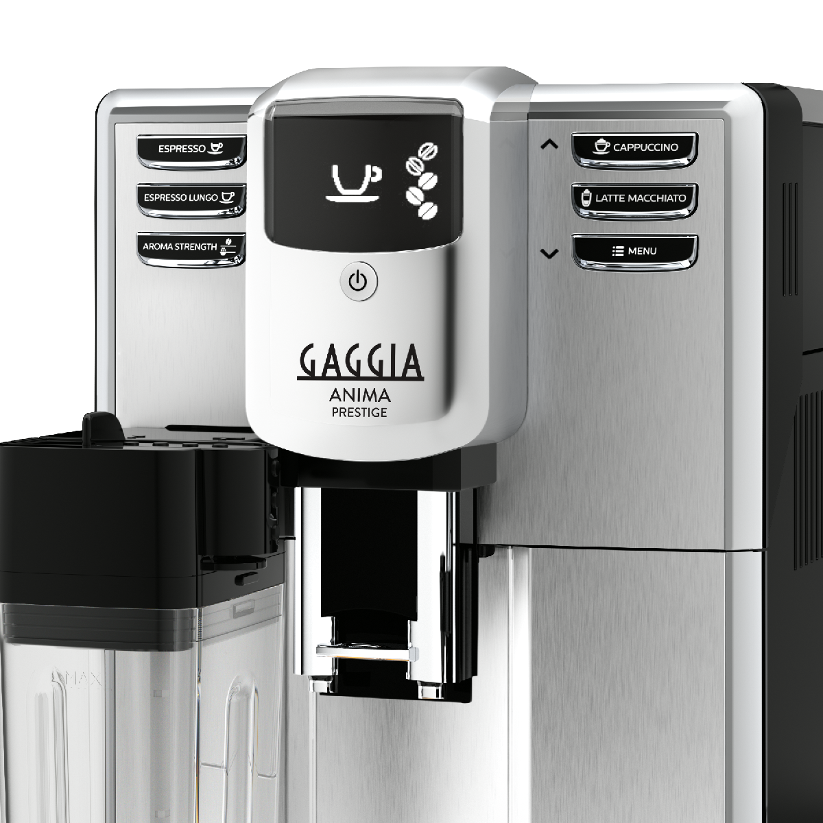Srebrno-czarny ekspres do kawy Gaggia Anima Prestige. Posiada przyciski do espresso, cappuccino i latte macchiato.