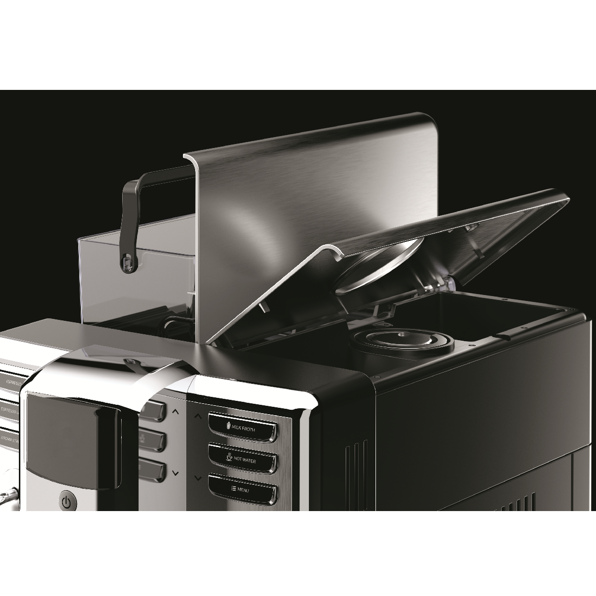 Zbliżenie czarno-srebrnego ekspresu do kawy z przyciskami do spieniania mleka, gorącej wody i menu. Pokrywa jest otwarta.