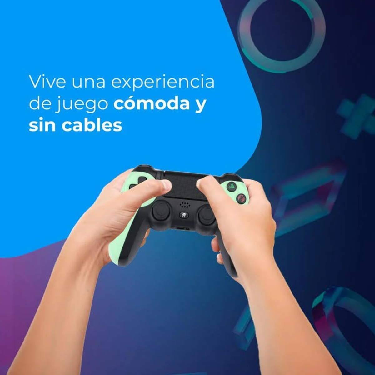 Manos sosteniendo un mando de juego negro y verde. El texto superior dice: 'Vive una experiencia de juego cómoda e inalámbrica'.