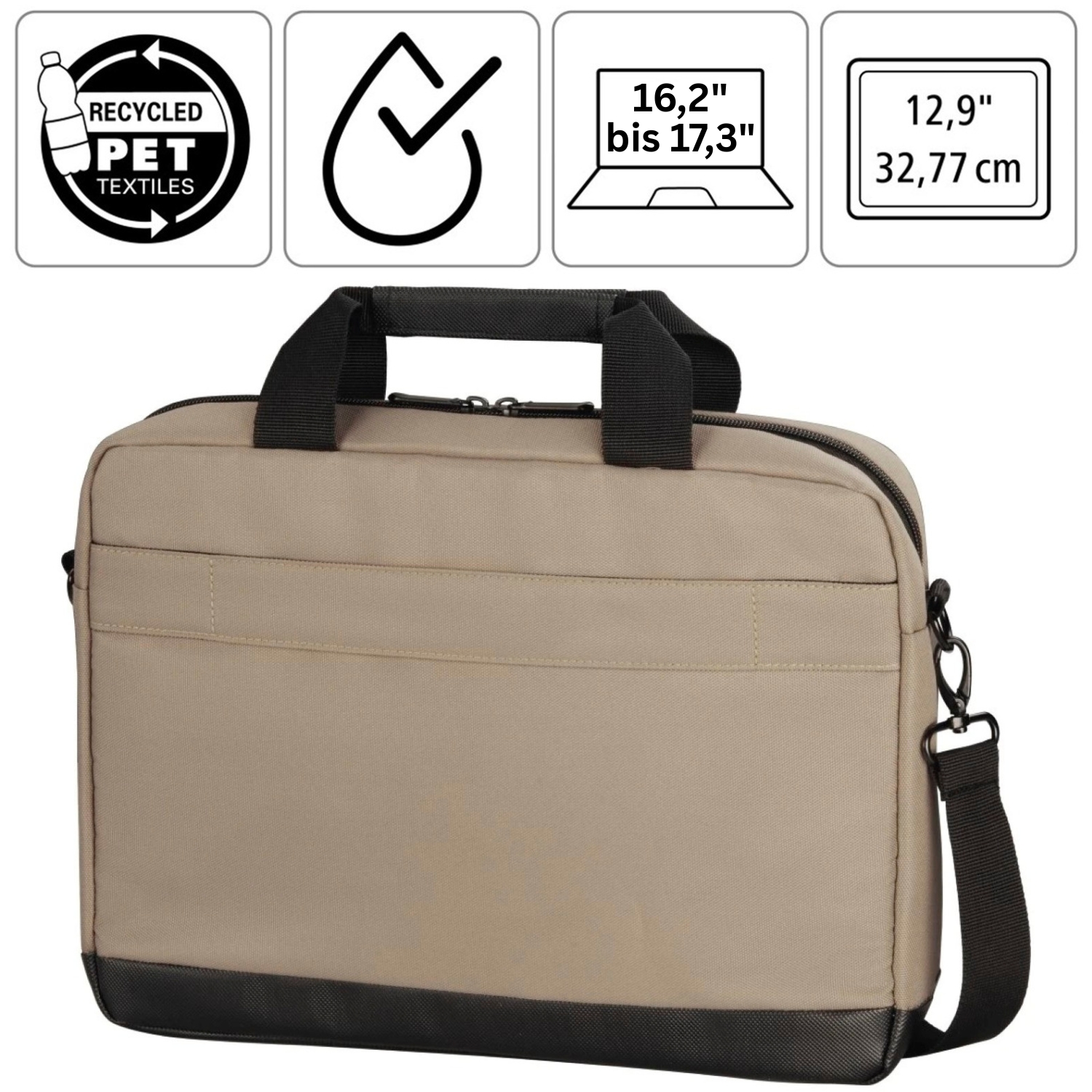 Beige Laptoptasche mit schwarzem Griff und Riemen. Logos für recycelte PET-Textilien und Bildschirmgrößen sind sichtbar.