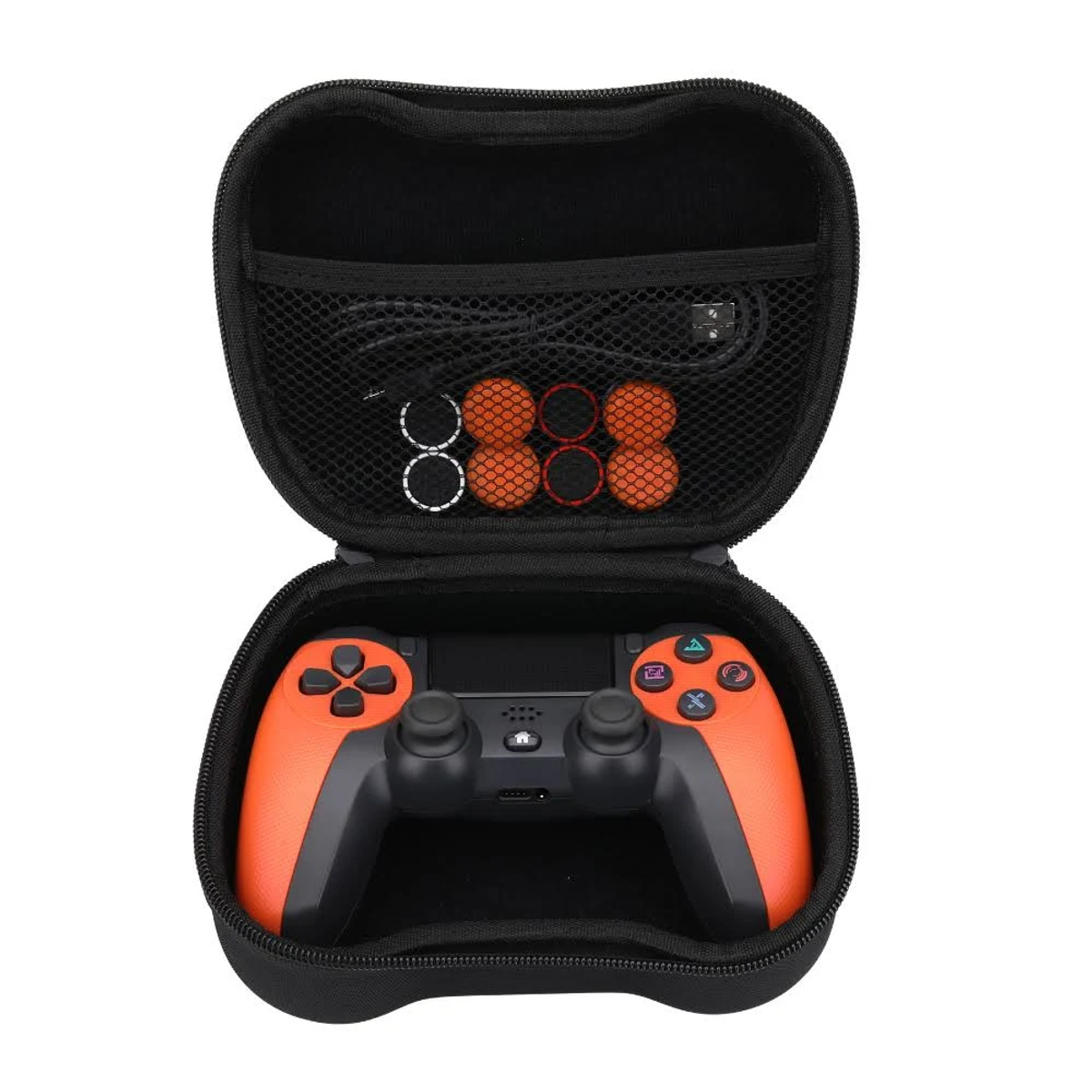 Estuche negro abierto con mando naranja y negro. También tiene un bolsillo de malla con accesorios y un cable de carga.