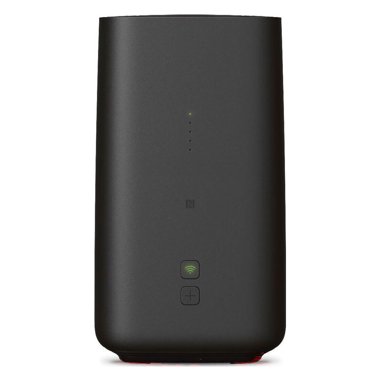 Schwarzer Router mit grünen Kontrollleuchten, N-Logo, WLAN-Symbol und Plus-Symbol. Rote Linie am Boden.