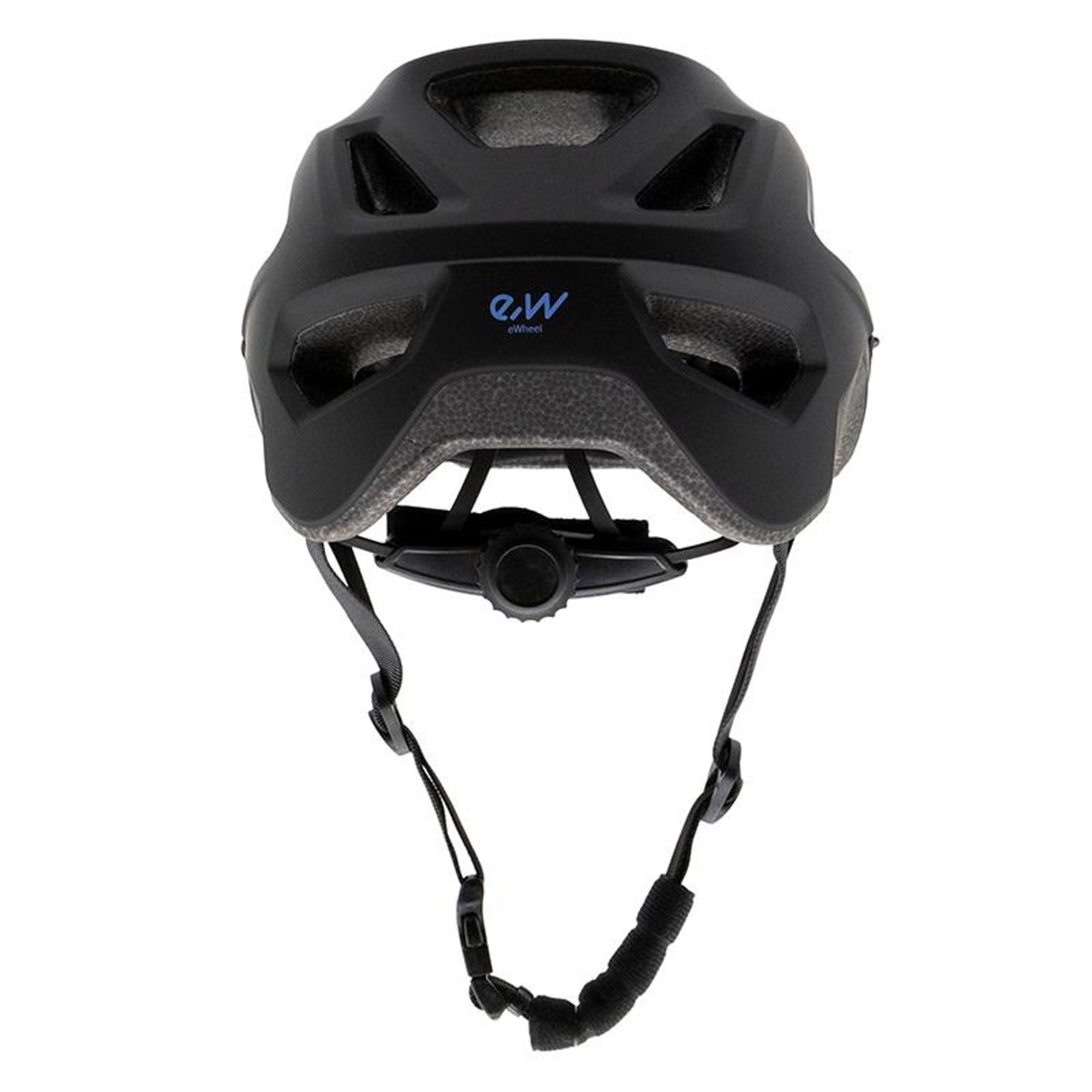 Casco de bicicleta negro con ventilación, correas ajustables y dial trasero. El logotipo de la marca es visible.