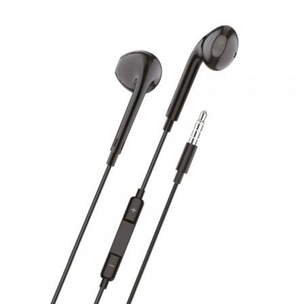 Cuffie in-ear nere con jack da 3,5 mm su sfondo bianco. Le cuffie hanno un modulo di controllo.