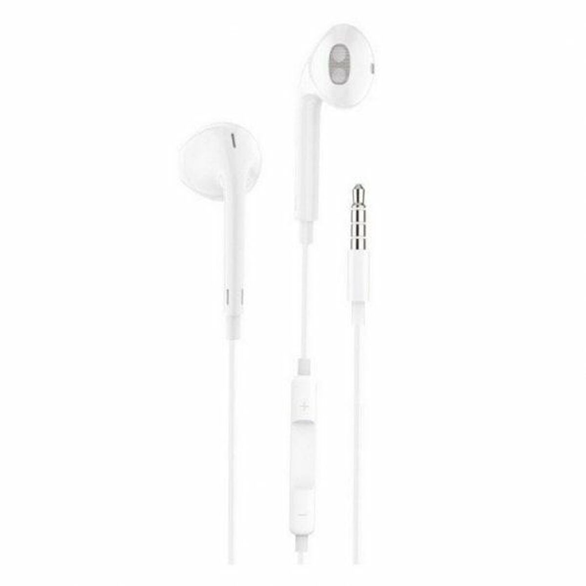 Auricolari bianchi con modulo di controllo e jack da 3,5 mm sono visualizzati su sfondo bianco.